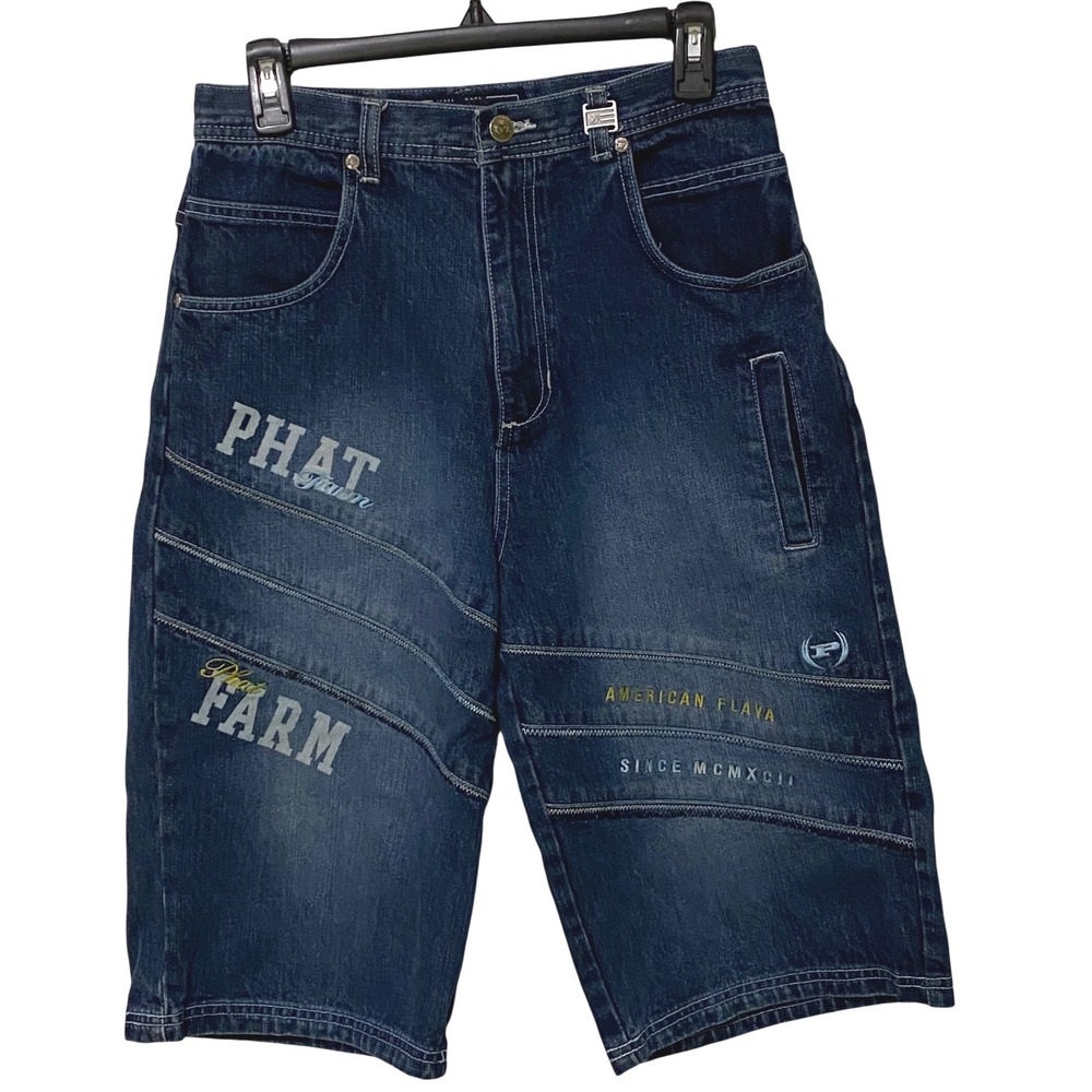 Vtg Phat Farm Youth Mens Jorts Baggy Denim Shorts American Flava Y2K Streetwear